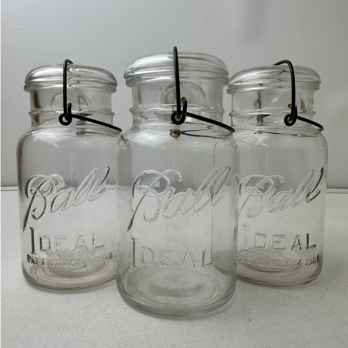 3 Vintage Ball Ideal Clear Glass Quart Mason Jars with Wire Bail Lids