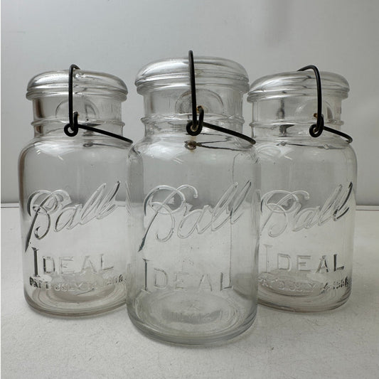 3 Vintage Ball Ideal Clear Glass Quart Mason Jars with Wire Bail Lids