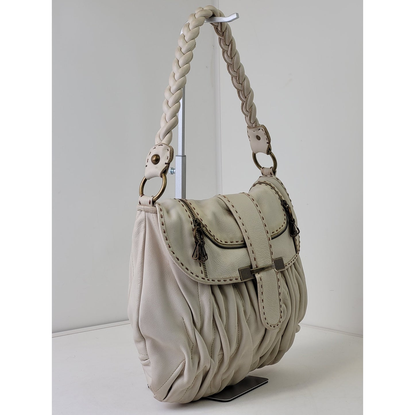 PER SE Designer Look Ivory Leather Hobo Medium Shoulder Bag