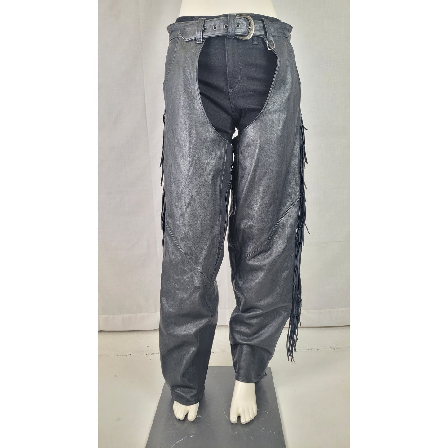 VTG Harley-Davidson Fringe Black Leather Motorcycle Riding Chaps Women's Sz L