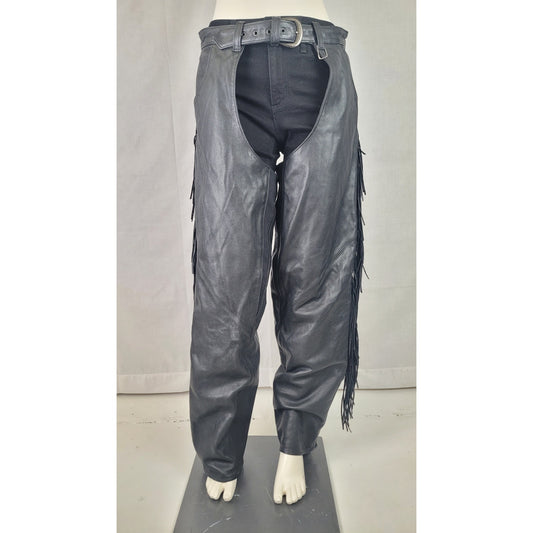 VTG Harley-Davidson Fringe Black Leather Motorcycle Riding Chaps Women's Sz L