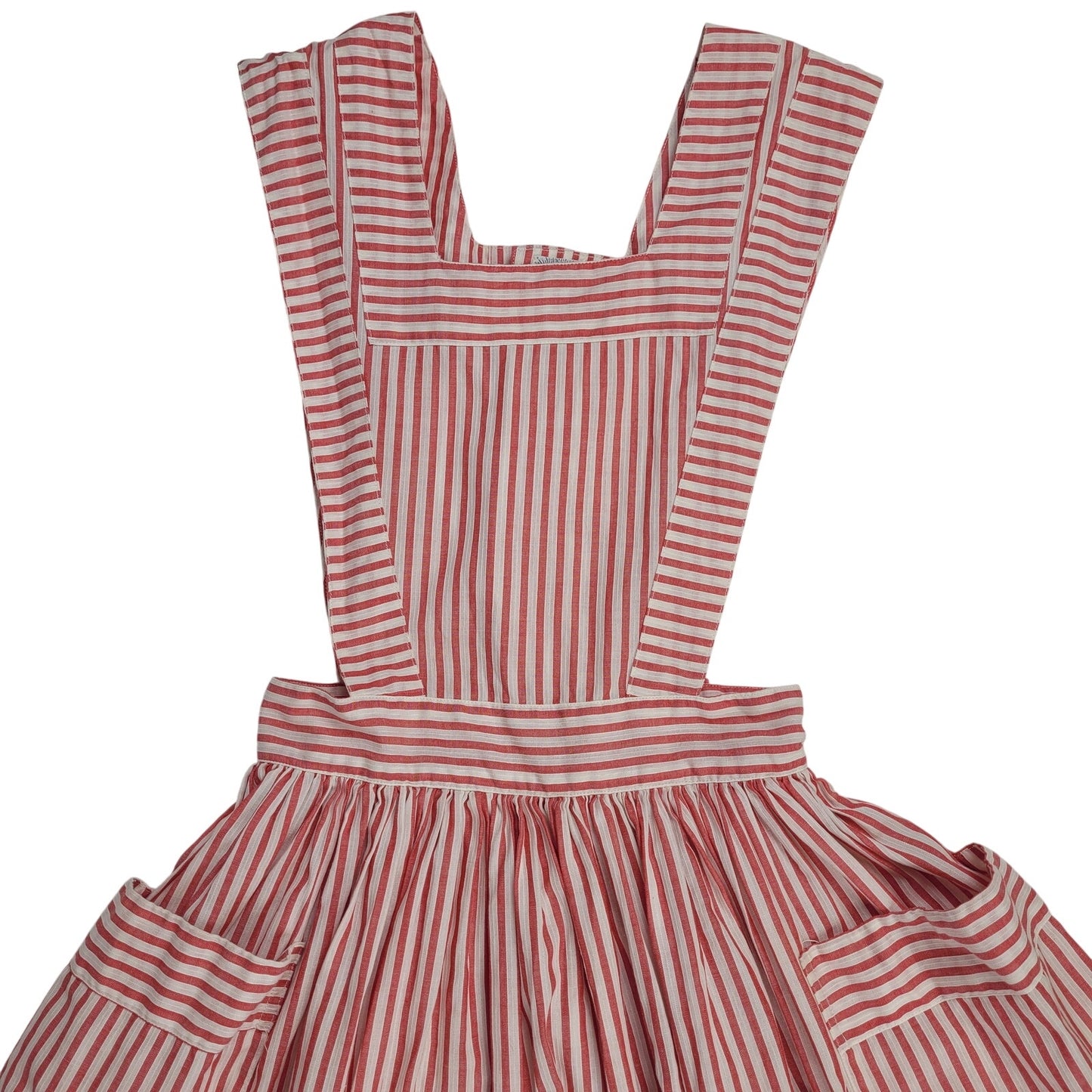 1940s Red & White Striped Pinafore Apron Dress Sz XS