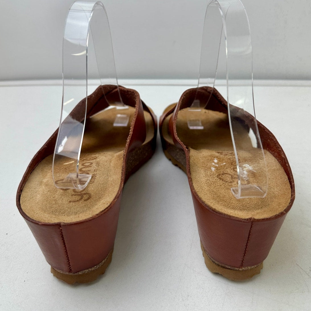 Yokono Brown Leather Criss Cross Wedge Slide Sandals Women's Sz 9