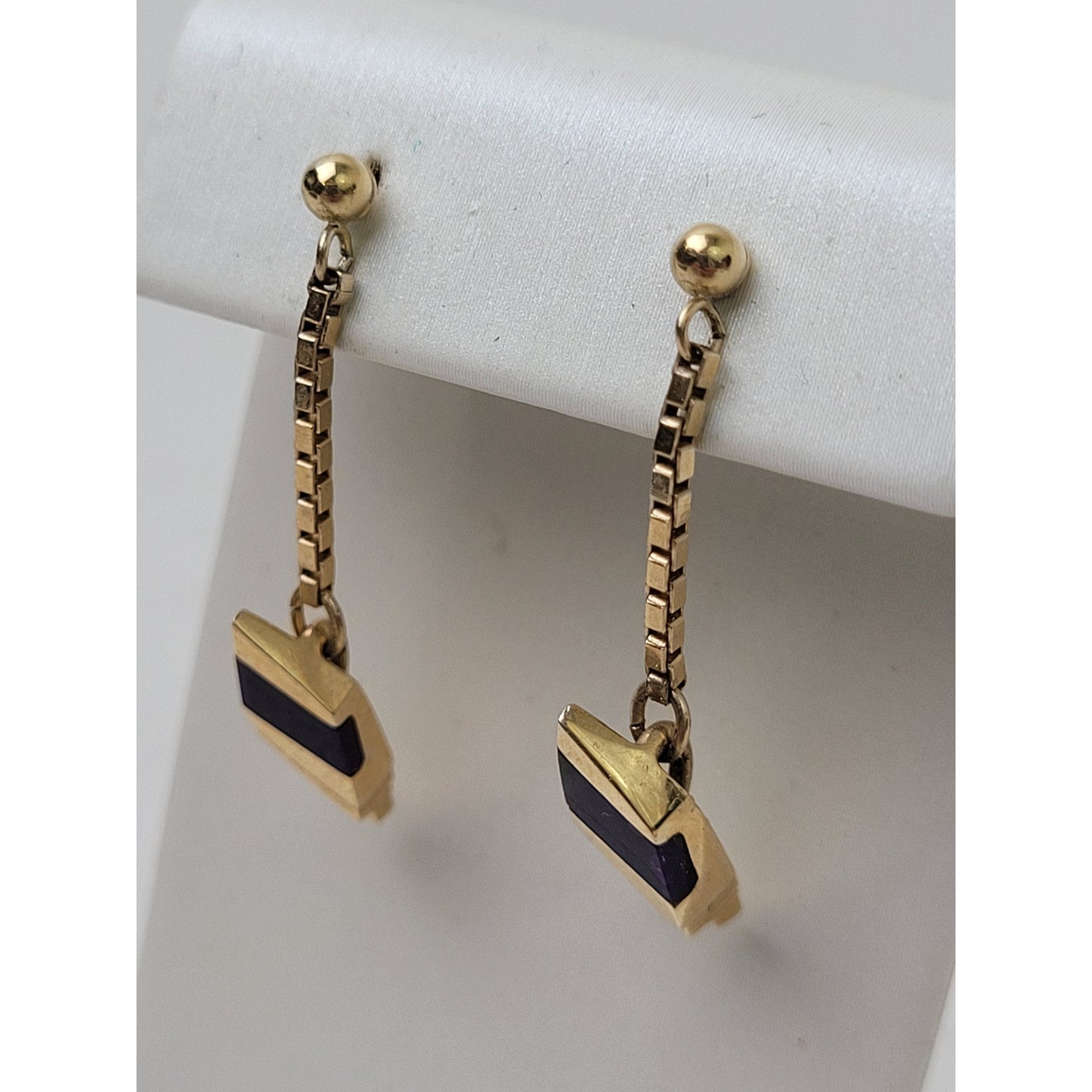 Vintage 14K Yellow Gold Modernist Dangle Earrings Geometric Design Lapis Stone