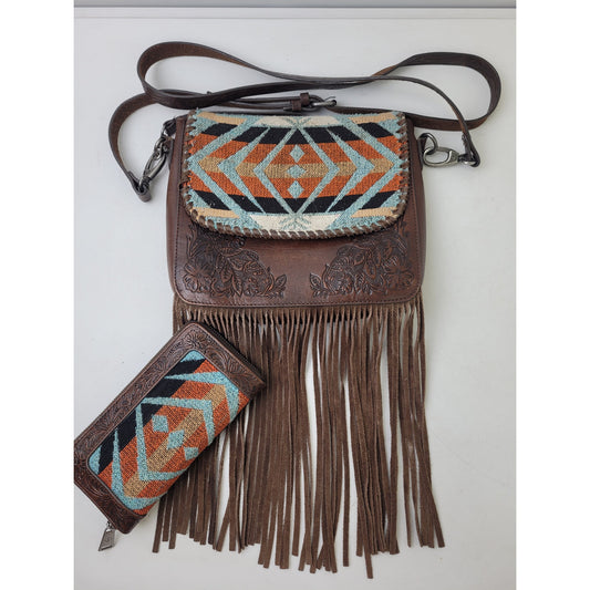Shyanne Western Tooled Leather Fringe Southwestern Print Crossbody Bag & Wallet