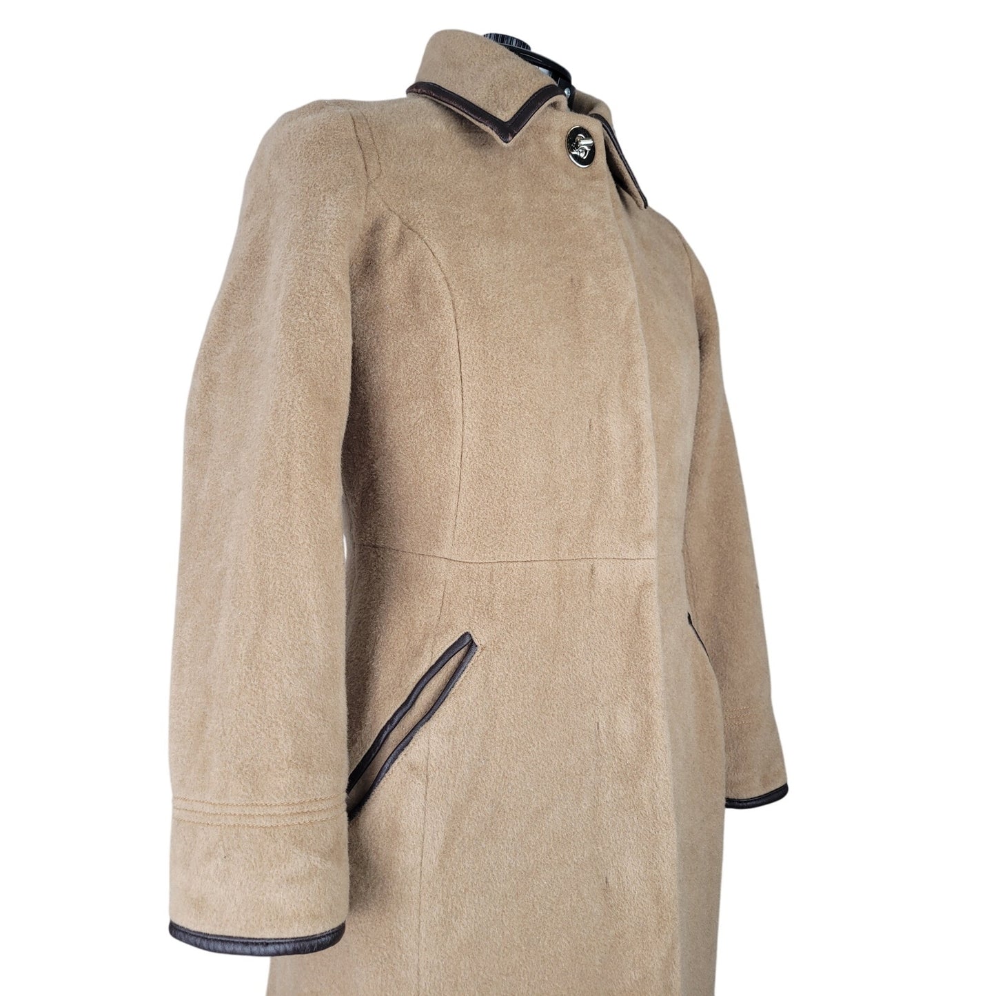 Coach Tan Mohair/Wool Brown Leather Trim Overcoat Sz XS