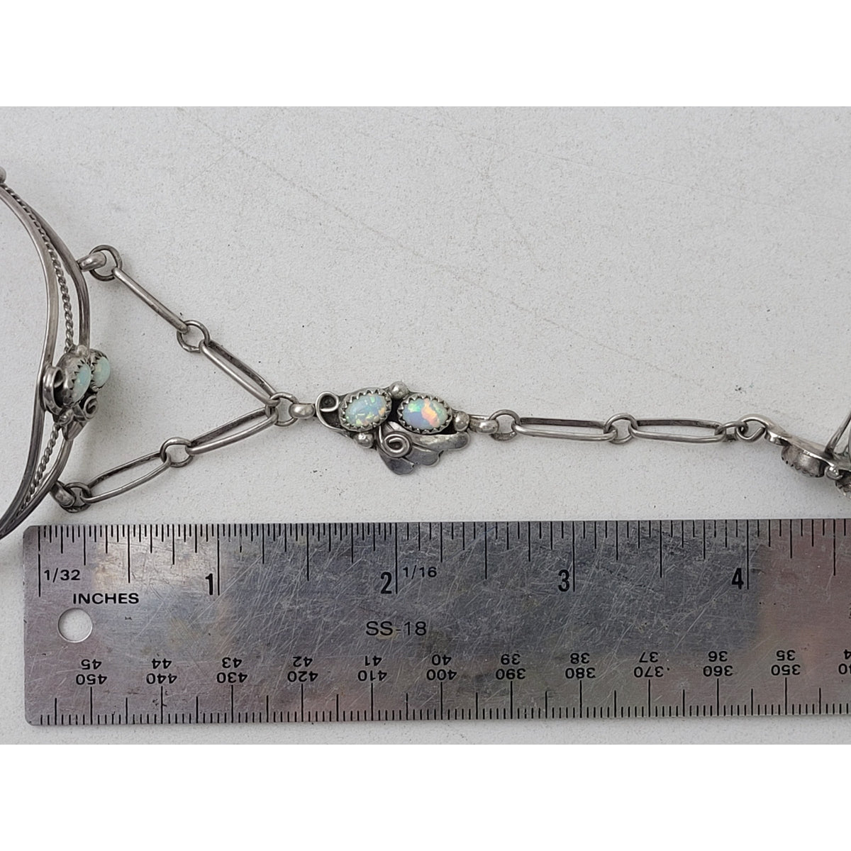 VTG 70s Sterling Silver Navajo Cuff Bracelet Ring Chain Opal Leaf Design