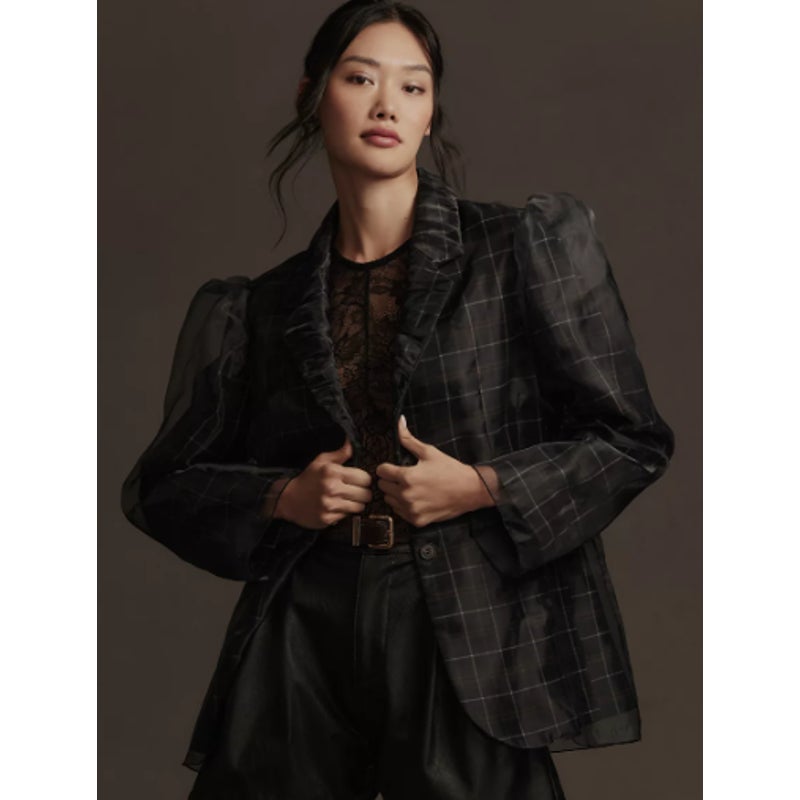 By Anthropologie Tulle Overlay Plaid Blazer Sheer Tulle Puff Sleeves Sz M