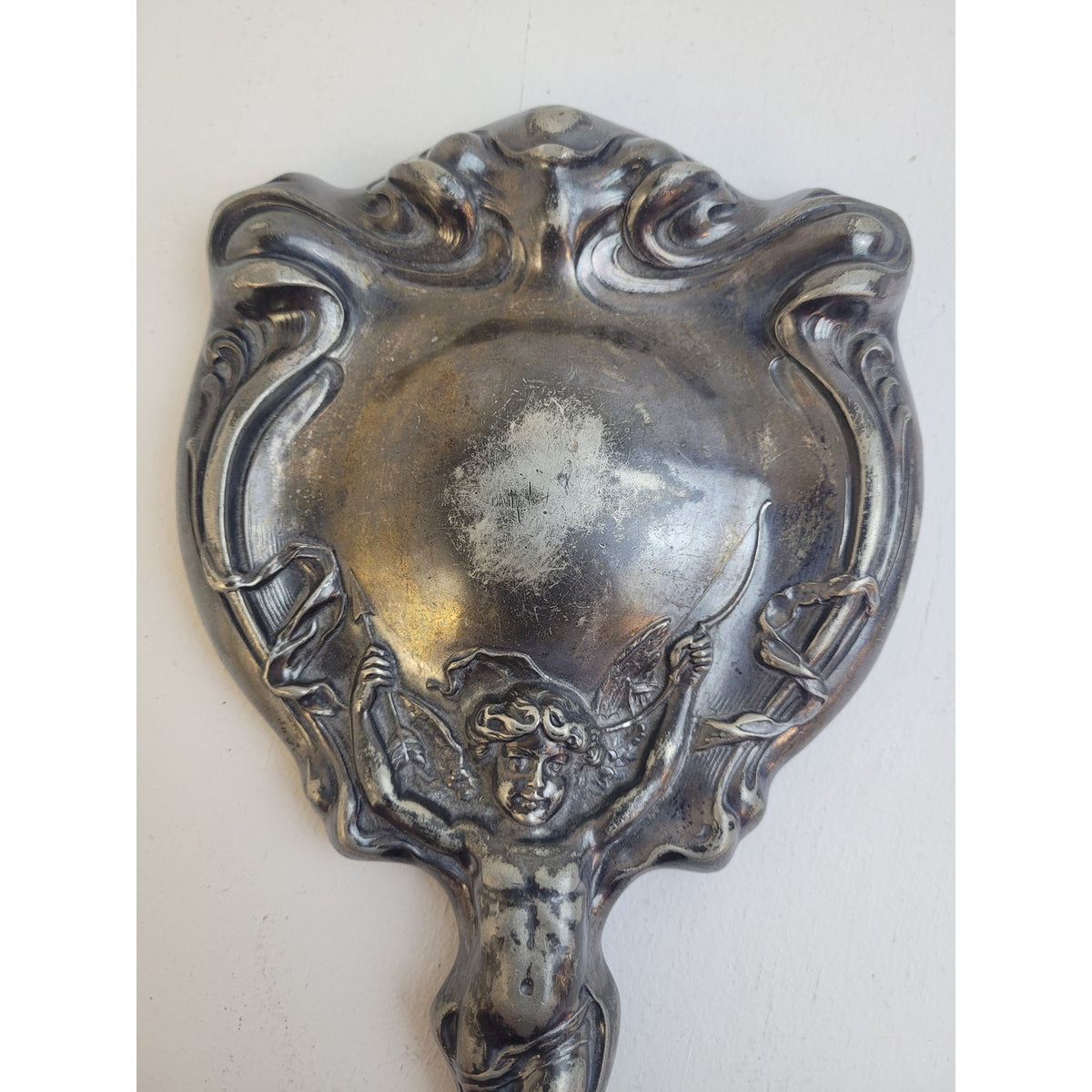 Antique Art Nouveau Silver-Plated Hand-Held Vanity Mirror Cupid & Arrow Design