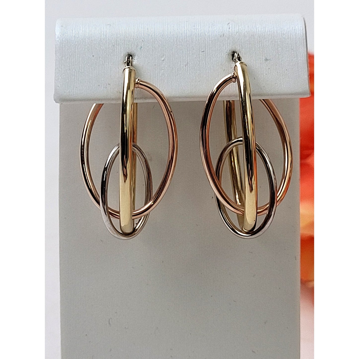 14K Gold Tri-Color Rose Yellow White Multi-Ring Interlocked Hoop Earrings