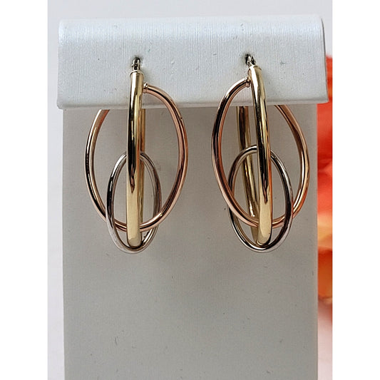 14K Gold Tri-Color Rose Yellow White Multi-Ring Interlocked Hoop Earrings