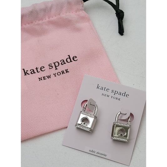 Kate Spade New York Lock & Spade Pave Huggie Earrings Silvertone NWT