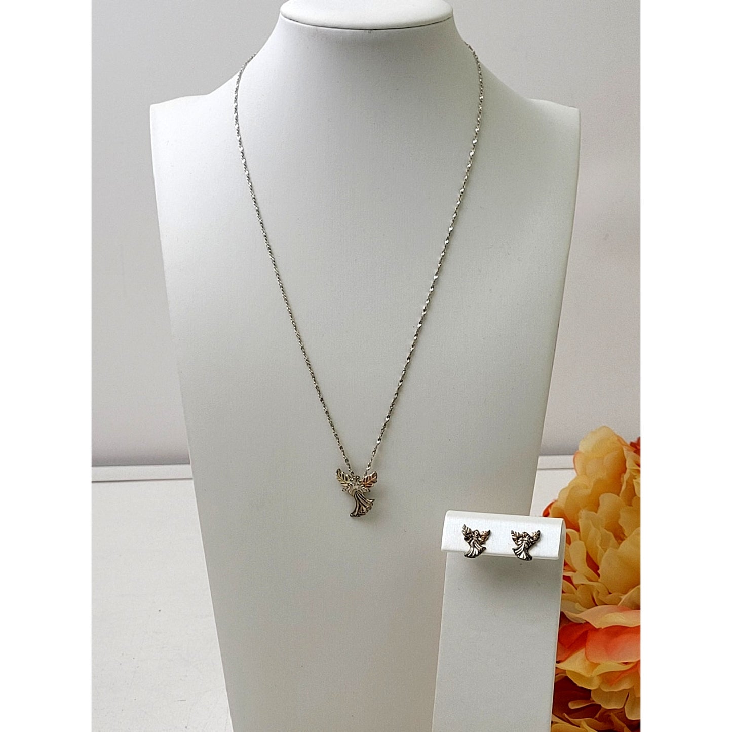 12K Black Hills Gold & Sterling Silver Angel Pendant Necklace and Matching Studs