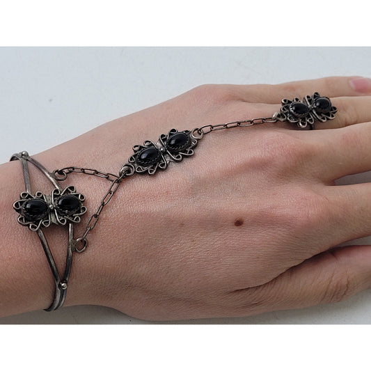 Vintage Navajo Sterling Silver Bracelet Ring Chained Set w Onyx Stones