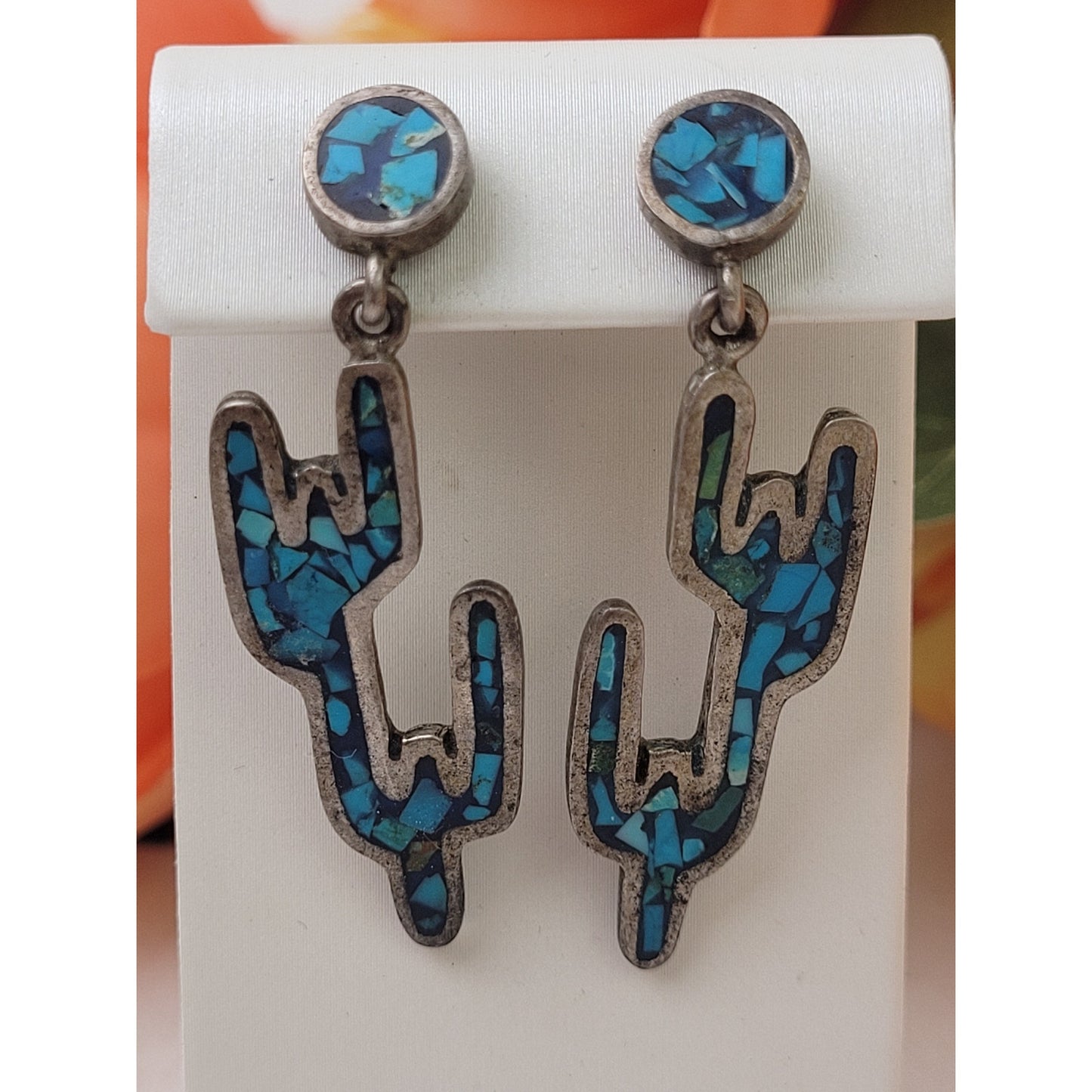 Vintage Saguaro Cactus Dangle Earrings w Turquoise Chip Inlay | Made in Mexico