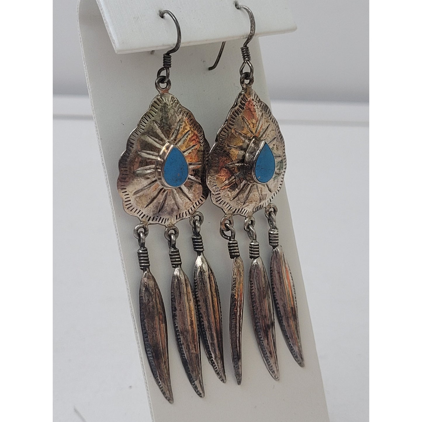 VTG Sterling Silver Southwestern Dangle Earrings Blue Stone Long Feather Charms