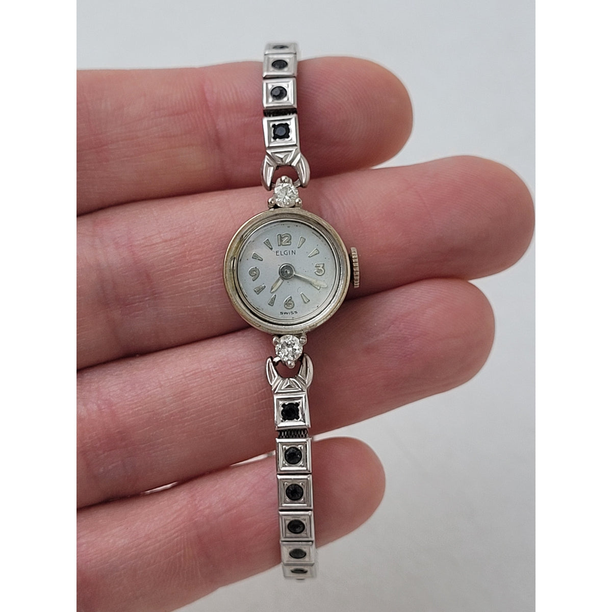 VTG Elgin 14K White Gold Wristwatch w 2 Diamonds & 22 Sapphires or Onyx | Runs