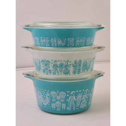Vintage 1960s Pyrex "Farmer & Wife" Casserole Dish & Lid Set of 3