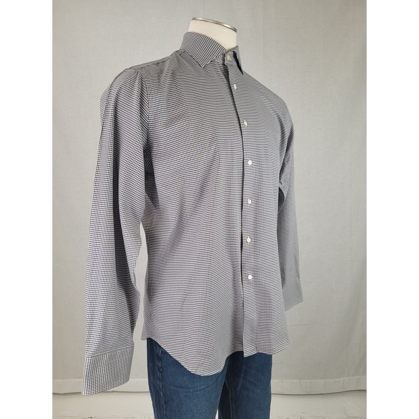 Canali Navy & Brown Houndstooth Pattern Italian Dress Shirt Men's Sz 42 16-1/2