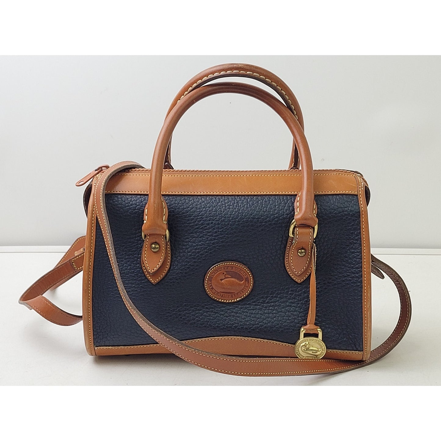 Vintage Dooney & Bourke All-Weather Leather Satchel Navy Blue, Tan, & Brass