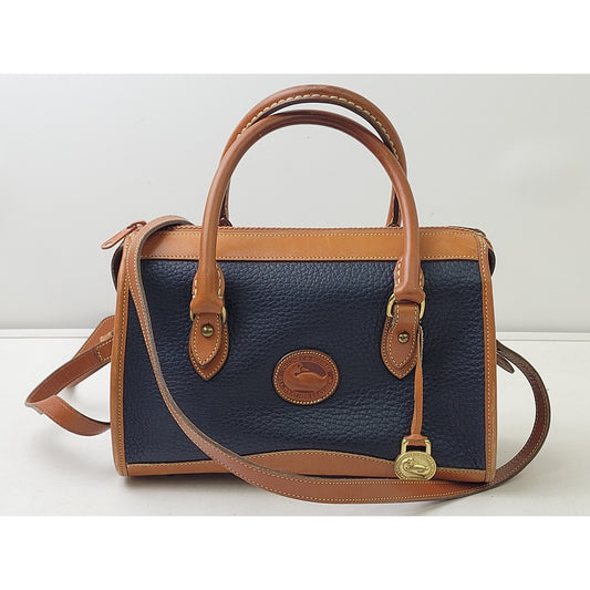 Vintage Dooney & Bourke All-Weather Leather Satchel Navy Blue, Tan, & Brass