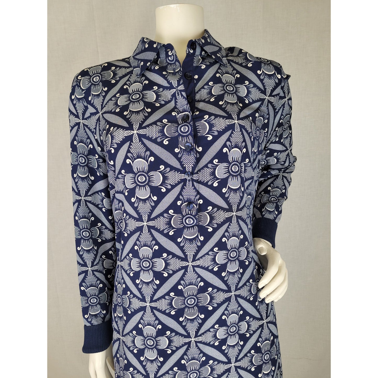Diane von Furstenburg Sorrel Navy Blue Silk Pattern & Knit Shirt Mini Dress Sz S