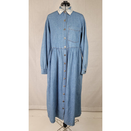 Vintage 90s Cottage Core Denim Midi Dress with Lace Collar and Pockets Sz M