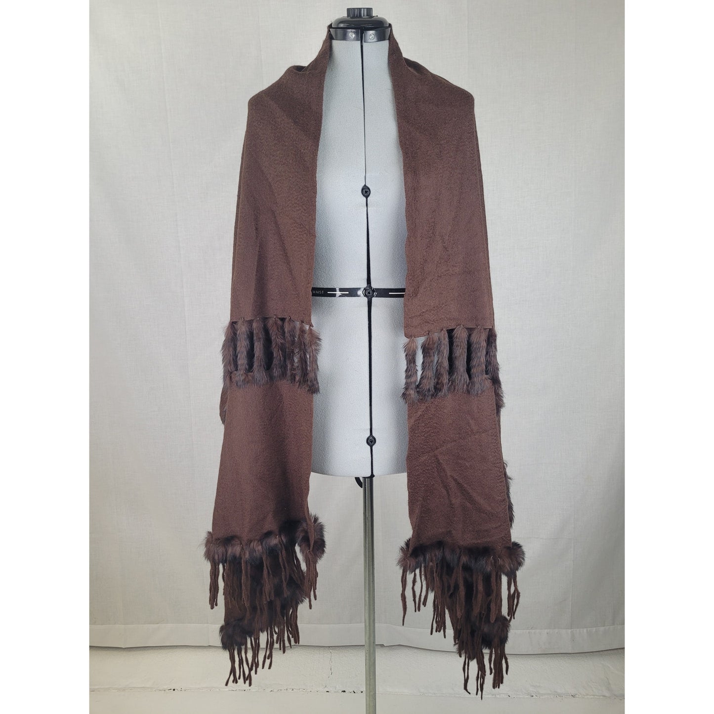 Vintage Brown Cashmere Shawl Scarf Rabbit Fur Trim and Fringe
