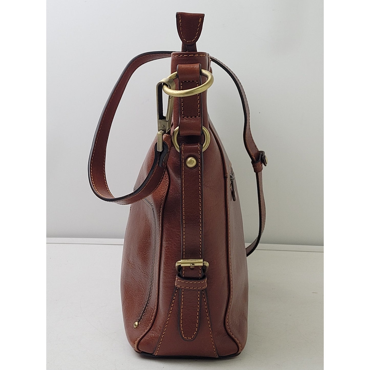 Banuce Full Grain Brown Italian Leather Hobo Bucket Bag w Brass Hardware