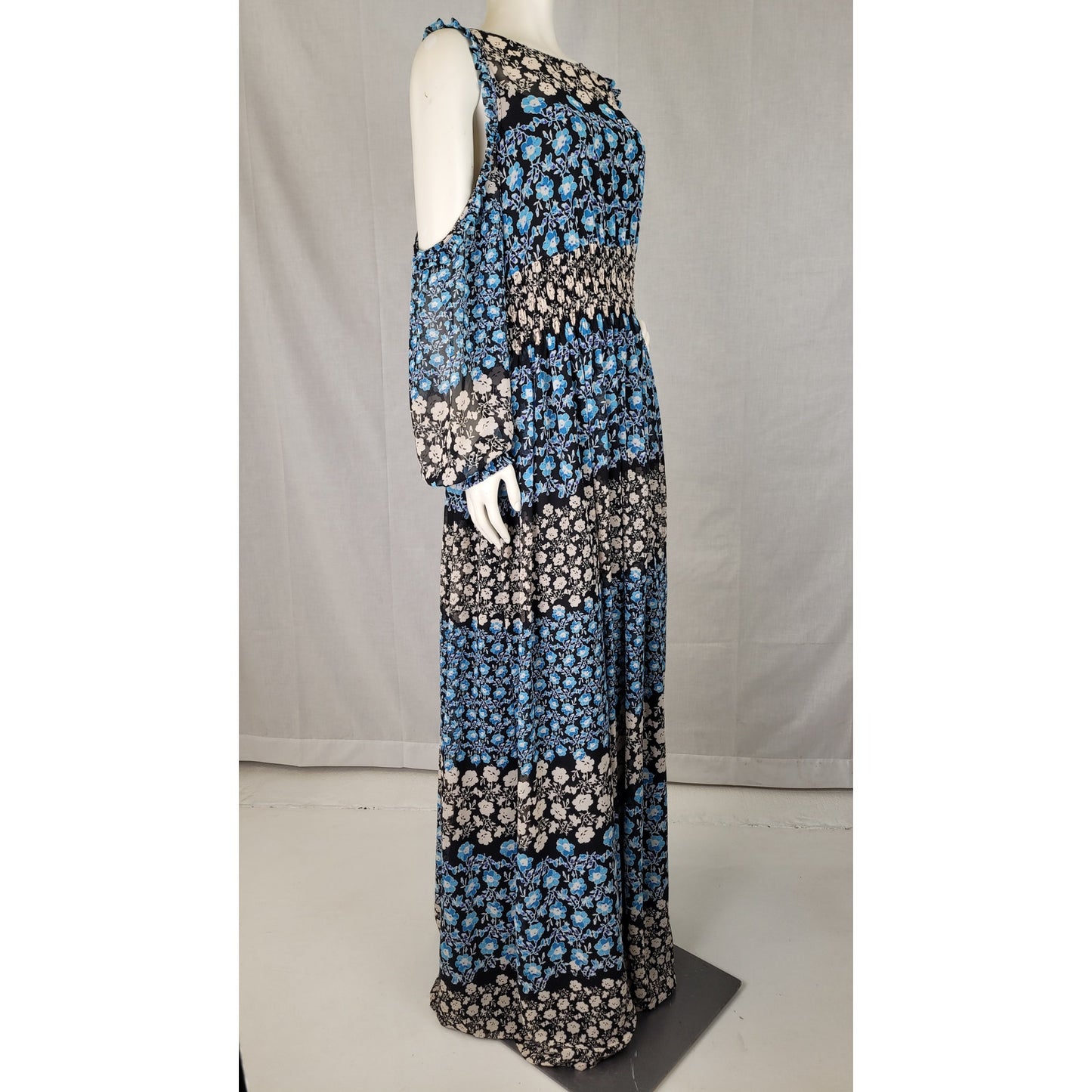 Eliza J Patterned Blue Beige Maxi Dress w Cold-Shoulder Detailing Women's Sz 14
