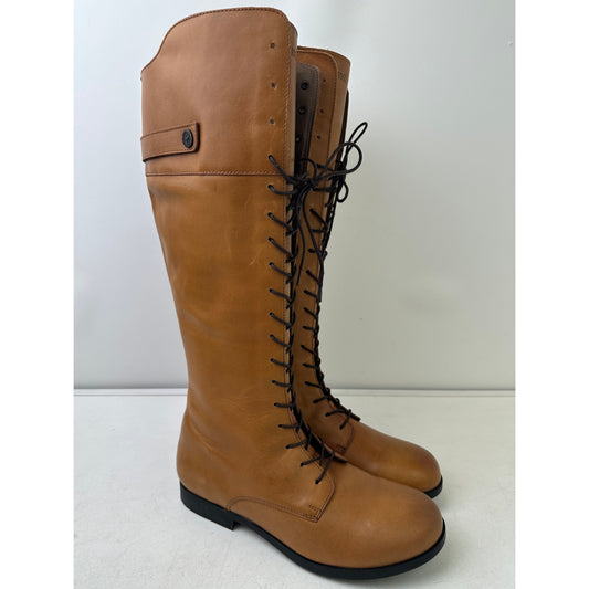 Birkenstock Longford Knee-High Cognac Leather Lace-Up Riding Boots Women's Sz 39