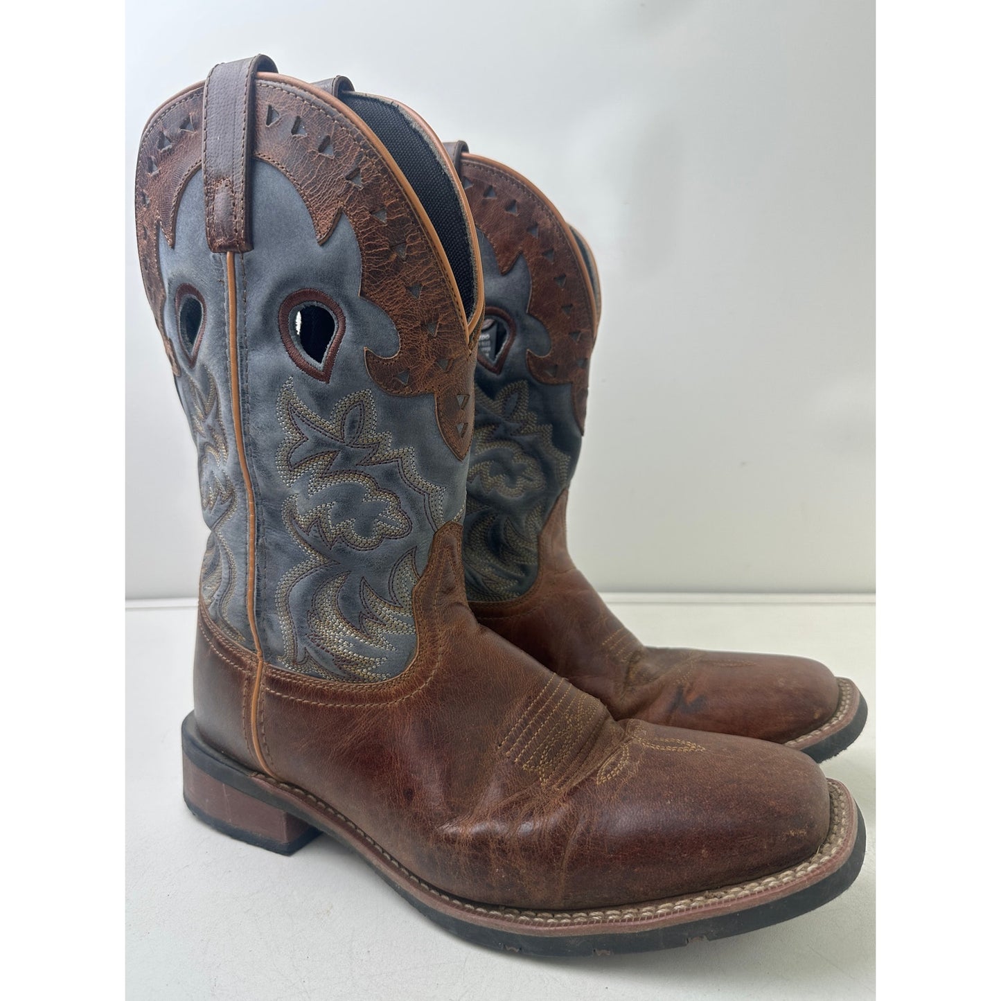 Laredo Ross Tan & Blue Broad Square Toe Western Boots Men's Sz 10.5