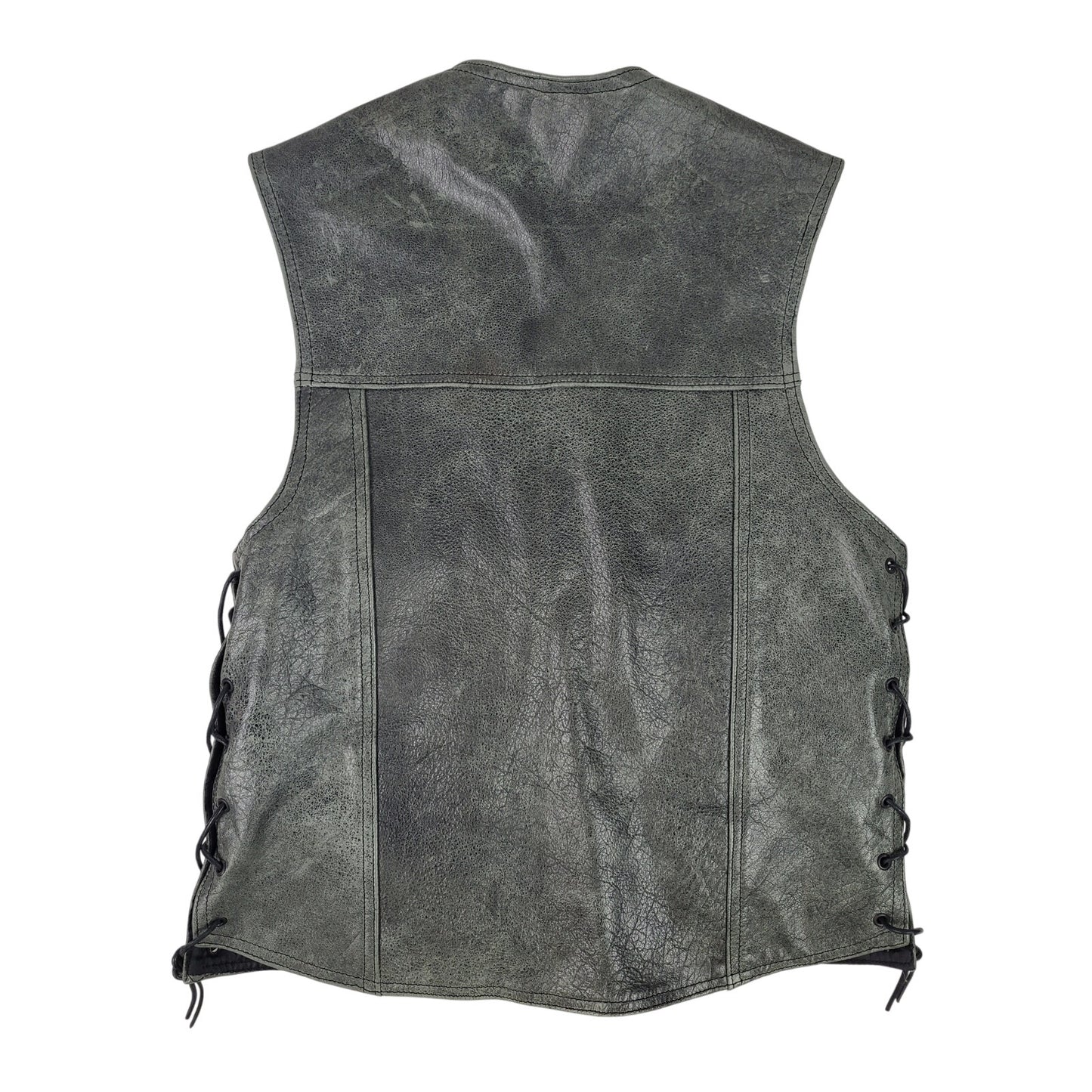 Unik Premium Distressed Grey Leather Motorcycle Vest w Front Chain Men's Sz M