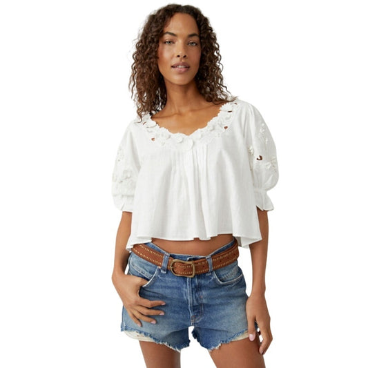 Free People Sophie Embroidery Top Soft White Billowy Cotton Fabric Sz M NWT