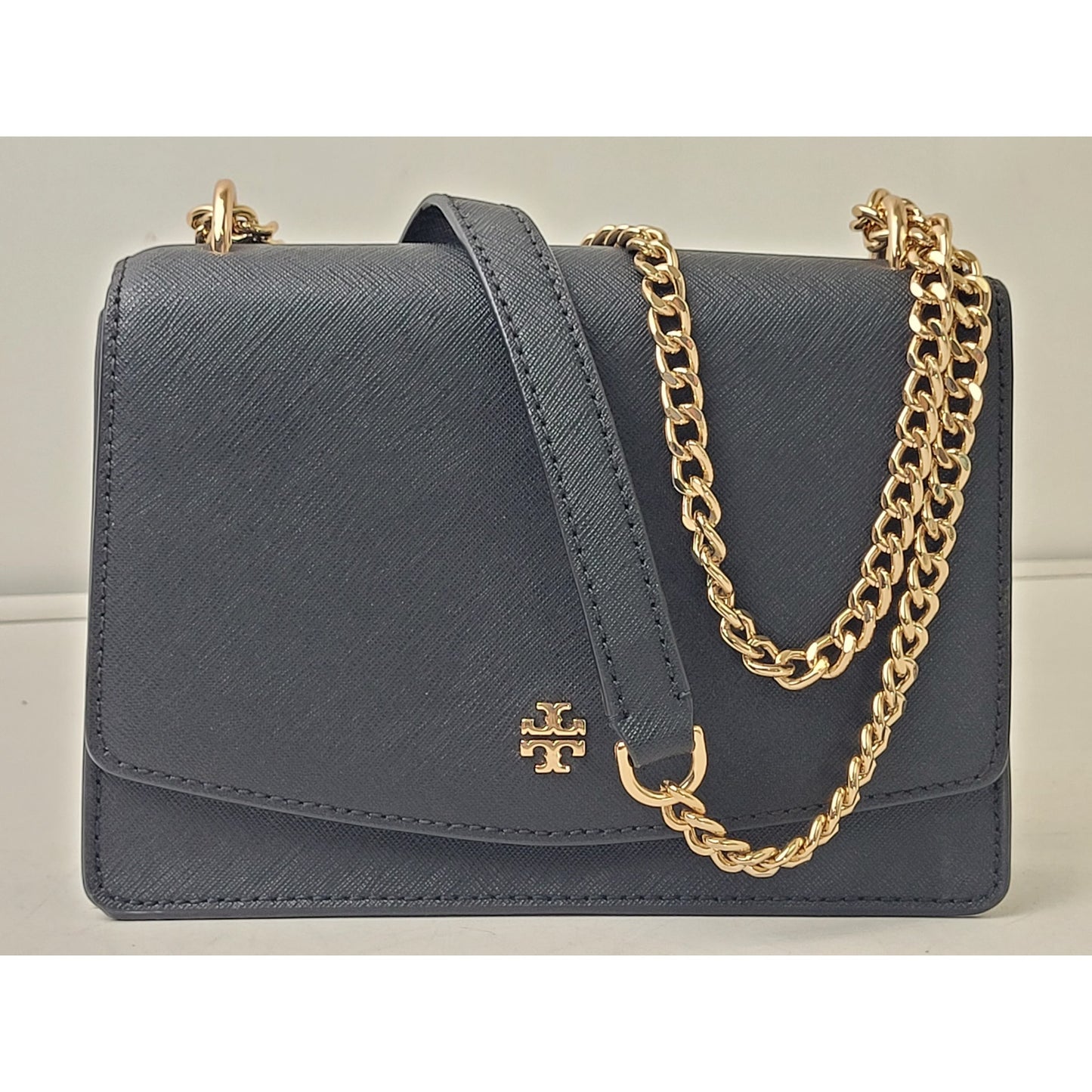 Tory Burch Emerson Flap Black Shoulder Crossbody Bag Gold Tone Hardware