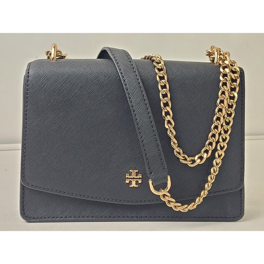 Tory Burch Emerson Flap Black Shoulder Crossbody Bag Gold Tone Hardware