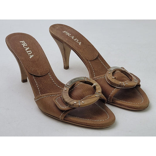 PRADA Leather Mules 3" Heeled Sandals w Wooden Buckle Sz EU 37 / US7