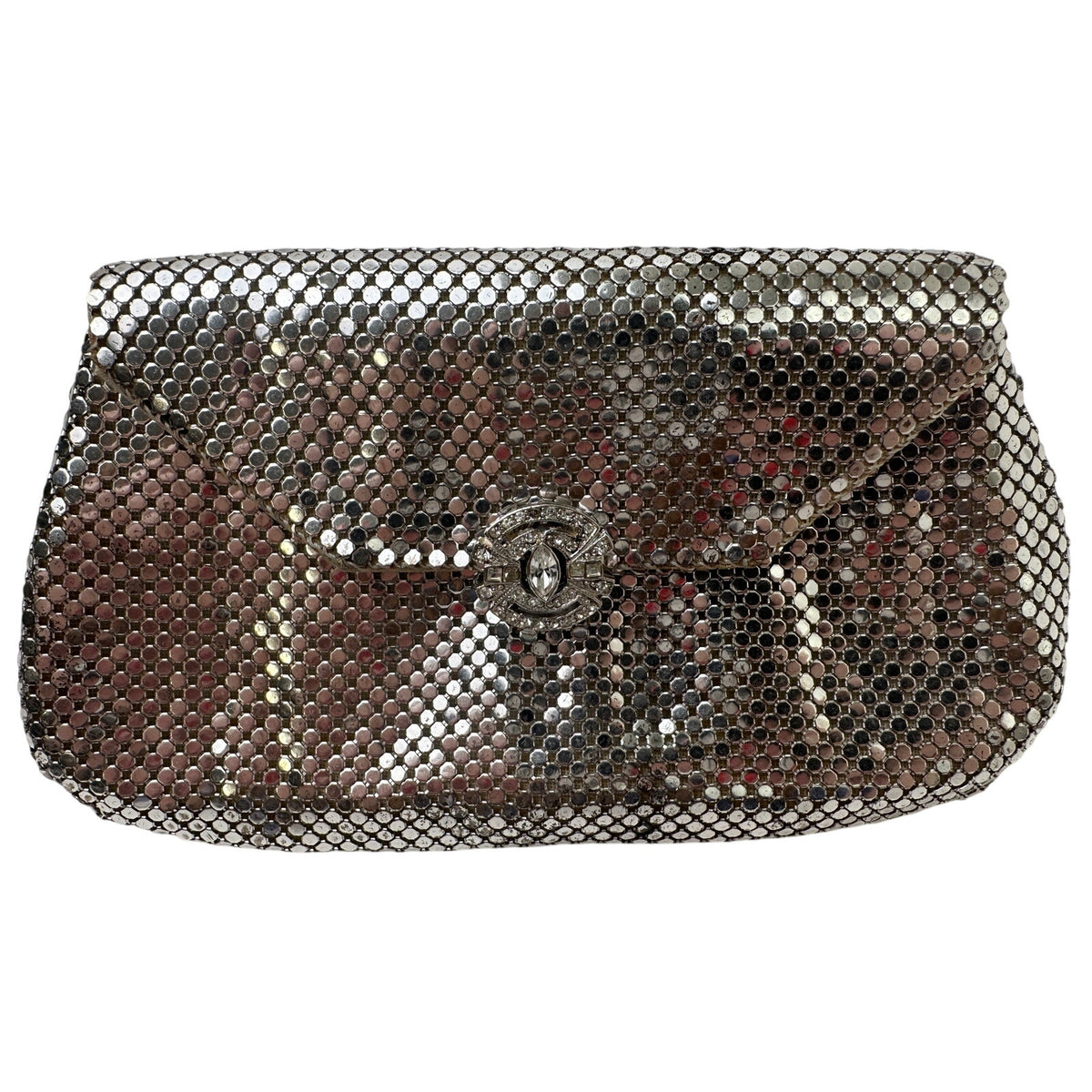 Vintage Whiting & Davis Silver Mesh Envelope Clutch W/ Art Deco Rhinestone Clasp