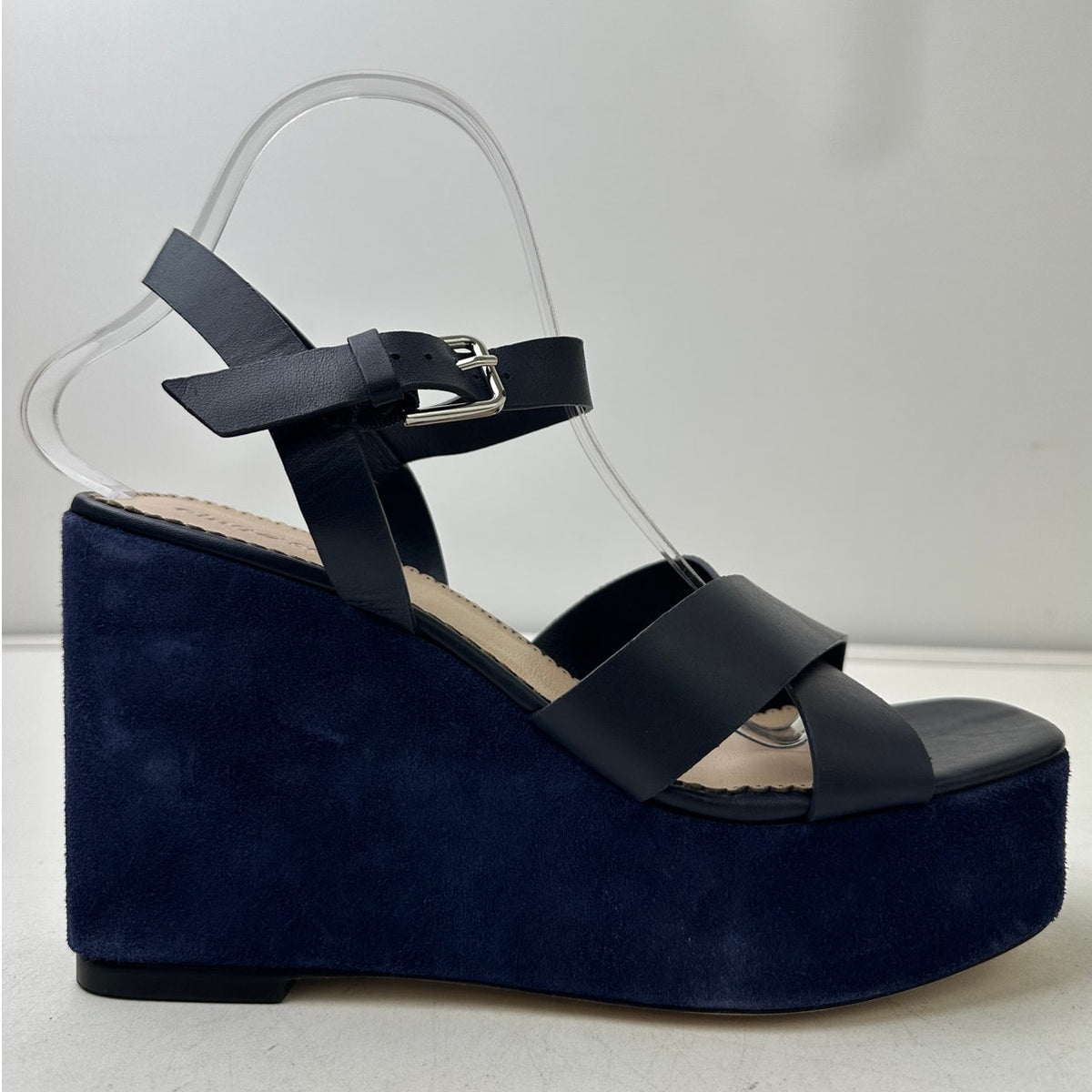 Cinq à Sept Navy Leather Sasha Vachetta Suede Platform Wedge Sandals Women's Sz 9