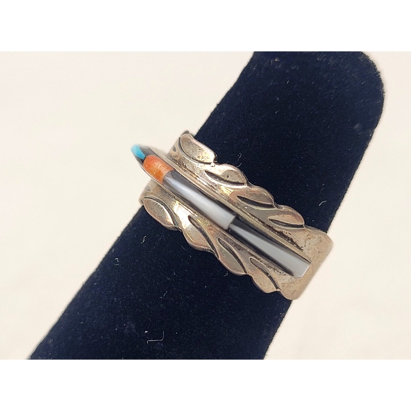 Vintage Native American Sterling Silver Ring Multi-Stone Inlay | Sz 3.75