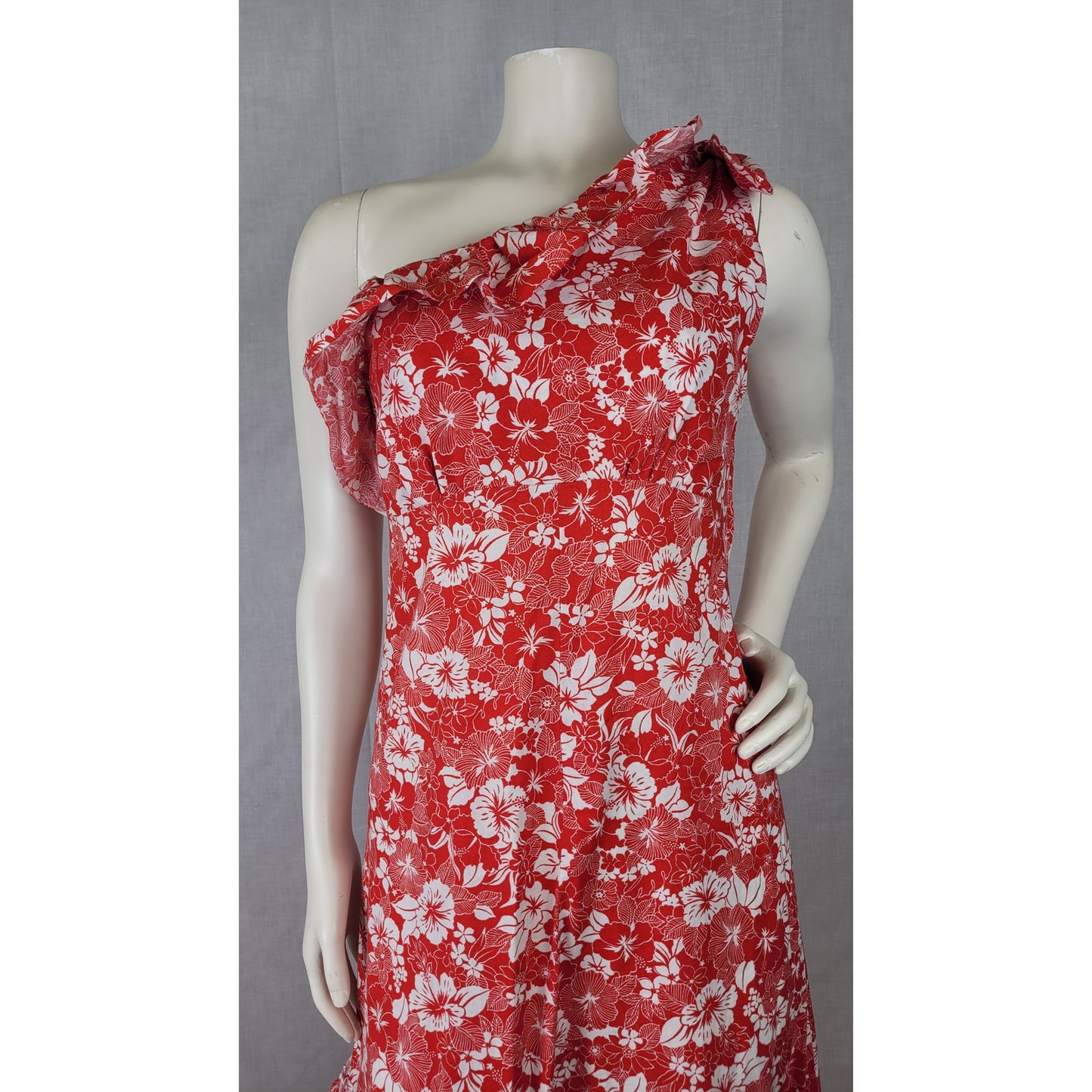 Vintage 1960s/70s Handmade One-Shoulder Hawaiian Dress Side Slit Sz S/M