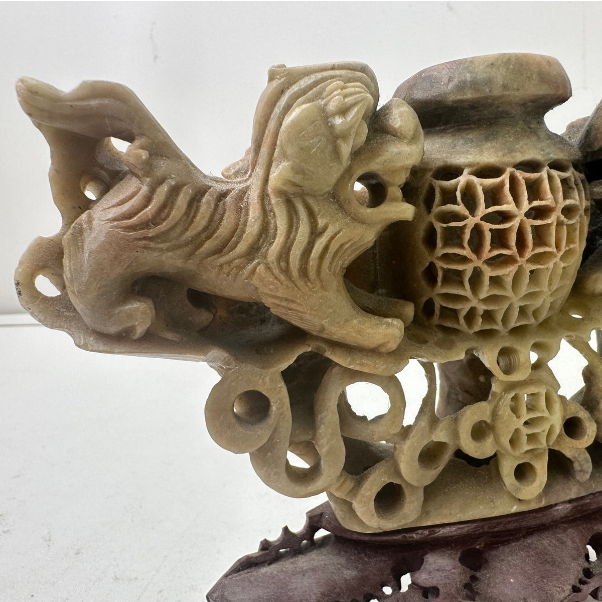 Vintage Chinese Hand-Carved Soapstone Foo Dog Incense Burner & Censer