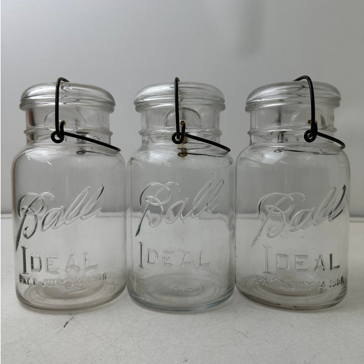 3 Vintage Ball Ideal Clear Glass Quart Mason Jars with Wire Bail Lids