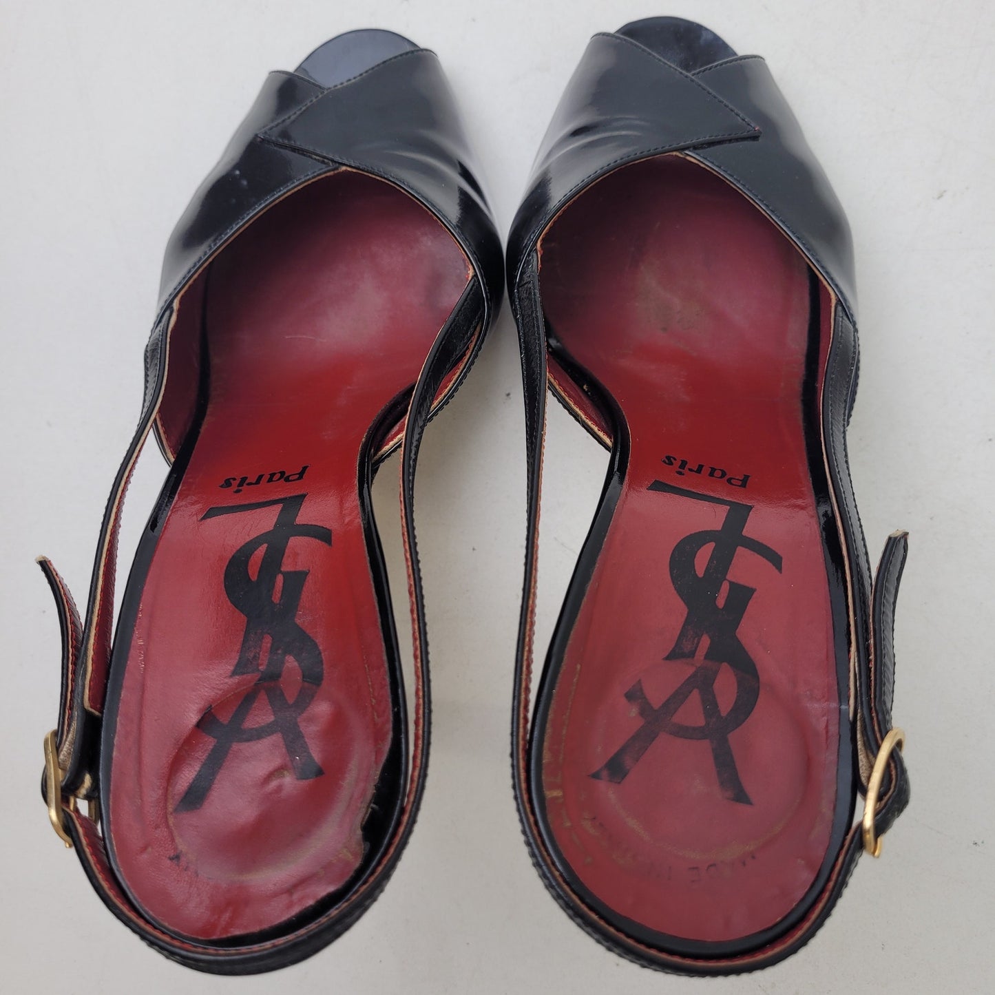 Vintage Yves Saint Laurent Black Patent Leather Peep-Toe Slingback Heels Sz 8