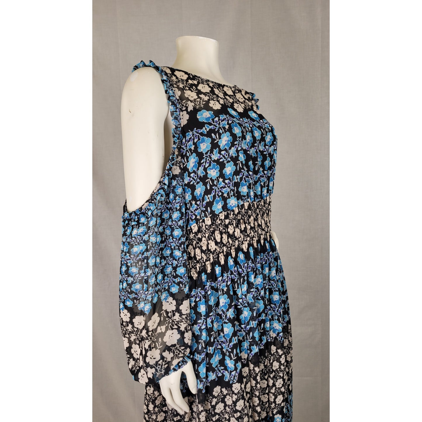 Eliza J Patterned Blue Beige Maxi Dress w Cold-Shoulder Detailing Women's Sz 14