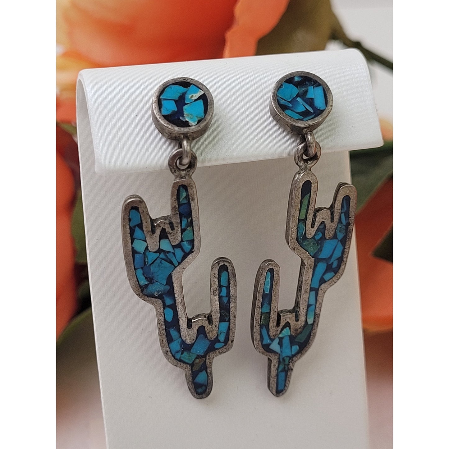 Vintage Saguaro Cactus Dangle Earrings w Turquoise Chip Inlay | Made in Mexico