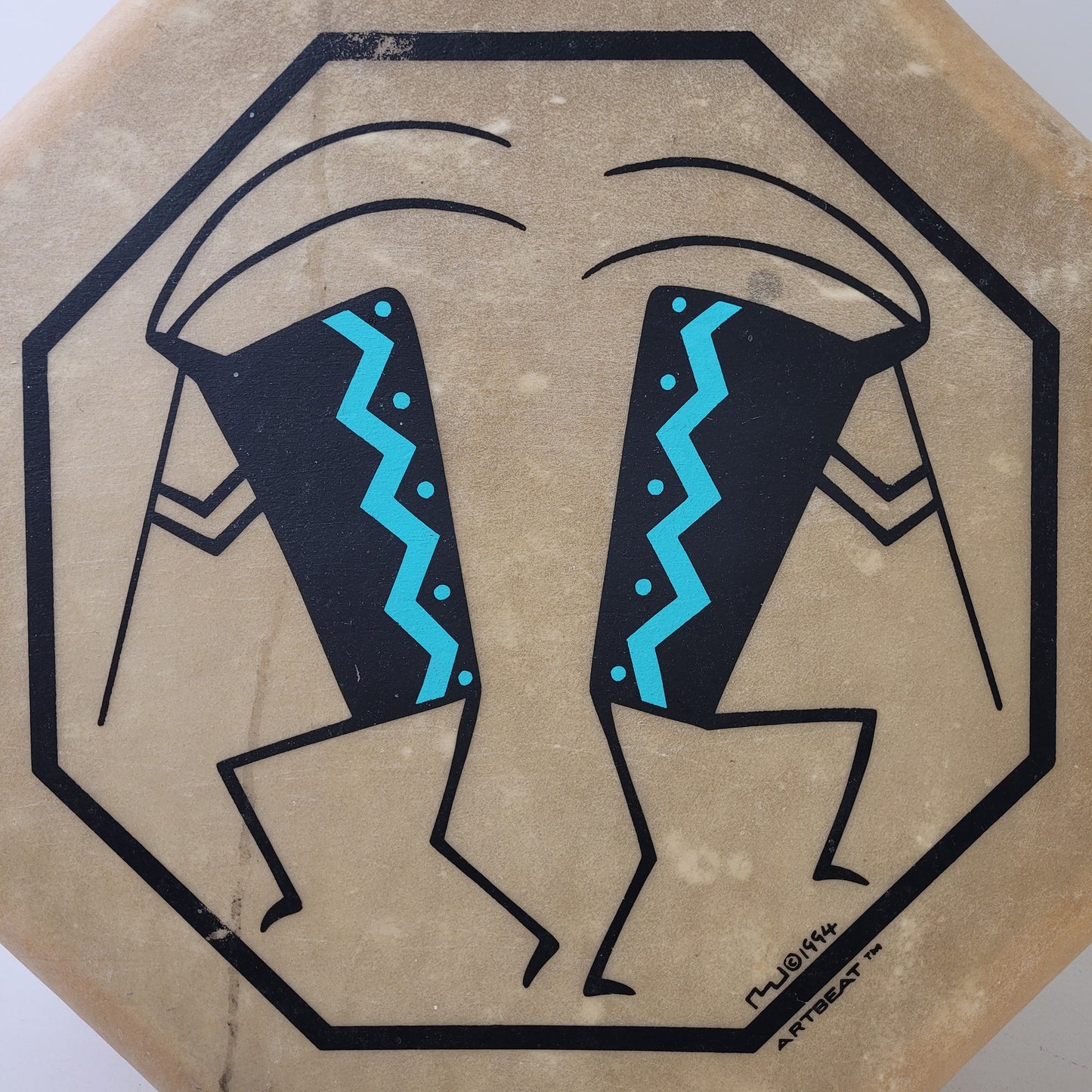1994 Artbeat Octagonal Rawhide Drum ft. Kokopelli Native Figures 15.5" D