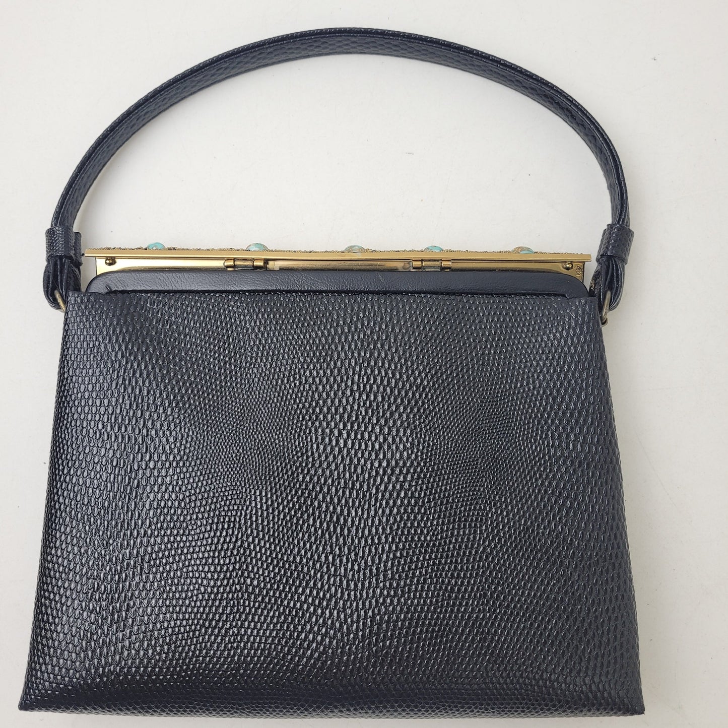 Vintage 1950s Black Lizard-Embossed Leather Evening Bag w Gold Tone Closure