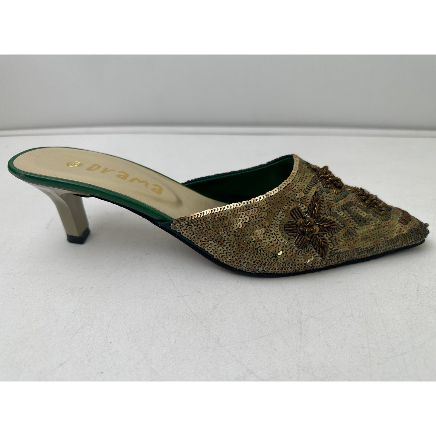 Drama Vintage Gold Beaded Sequin Kitten Heel Mules Women's Sz 9