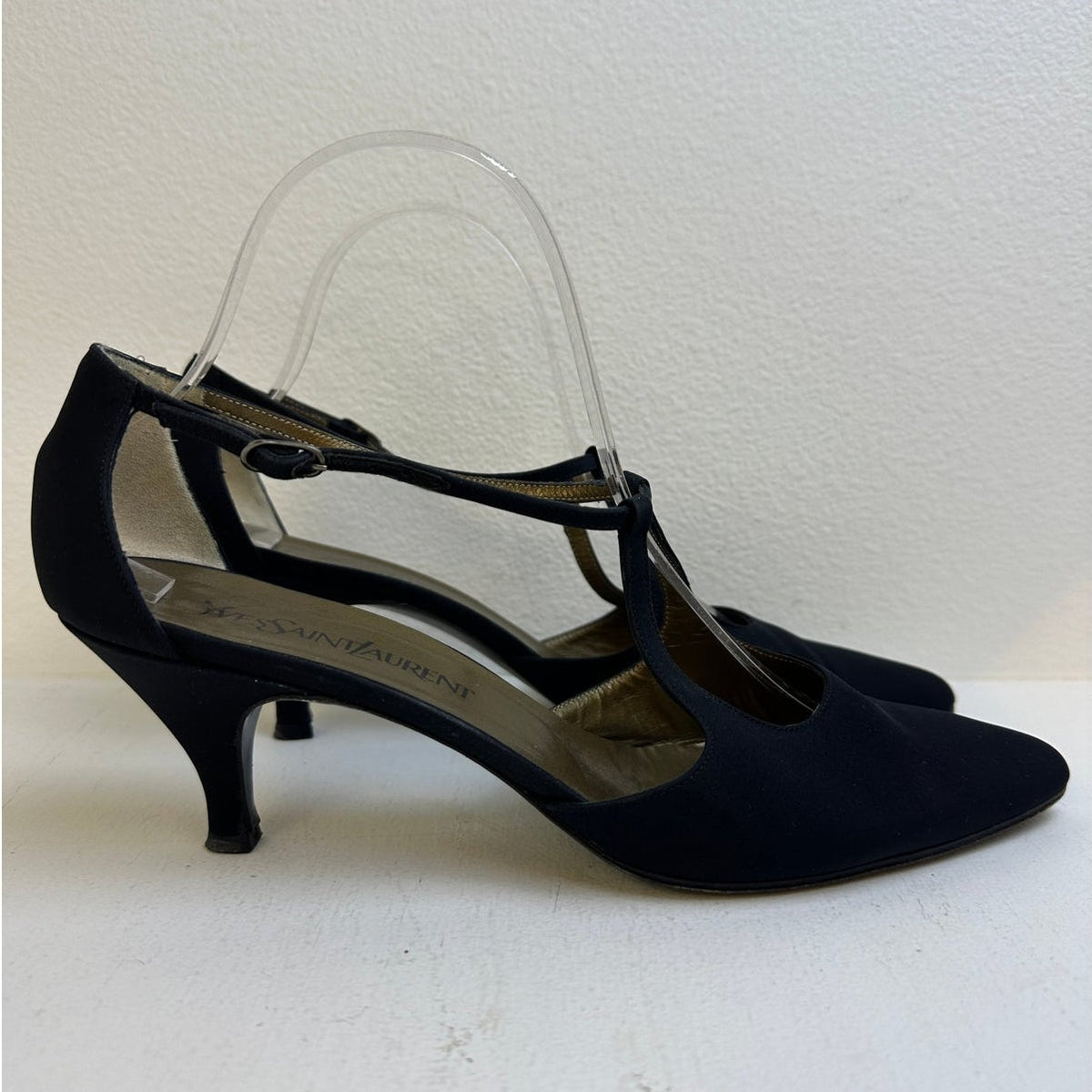 Vintage Yves Saint Laurent Black T-Strap Kitten Heels Women's Sz 9